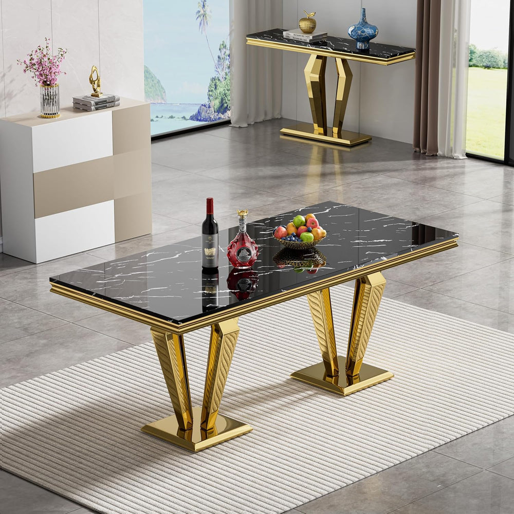 Luxury Marble Dining Table for 4 to 6, 68 inch Black Faux Marble Dining Table...