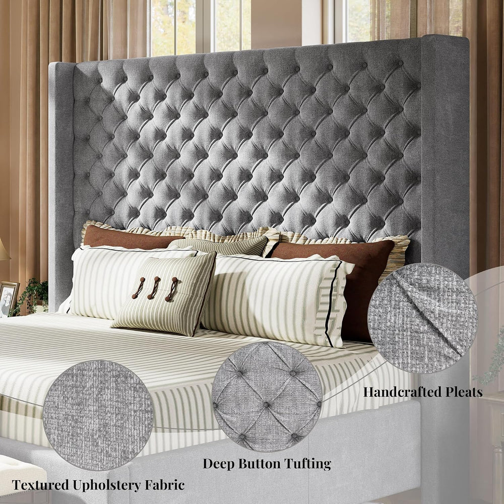 Jocisland Queen Bed Frame with 63" Tall Wingback Headboard, Grey