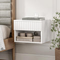 Small Floating Nightstand with Drawer, Modern Night Stand with Fluted Door and Open Storage Shelf Wall Mounted Bedside Table for Bedroom, Entryway White