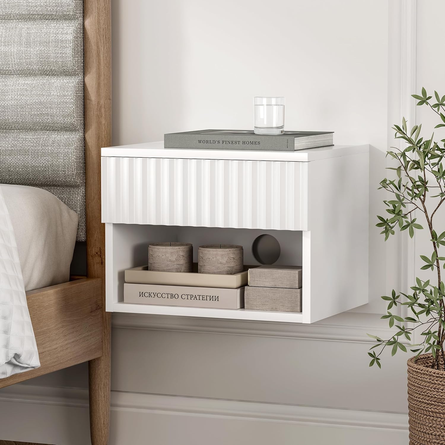 Small Floating Nightstand with Drawer, Modern Night Stand with Fluted Door and Open Storage Shelf Wall Mounted Bedside Table for Bedroom, Entryway White