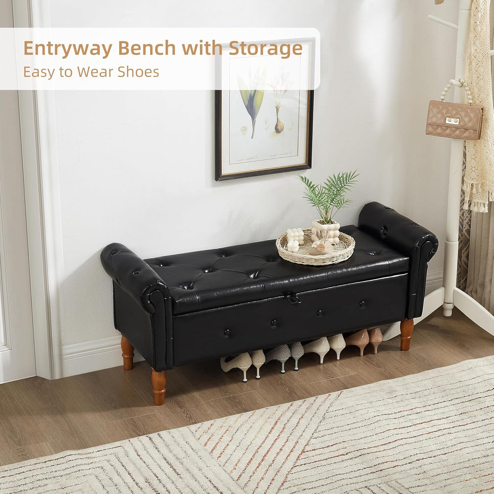 Storage Ottoman Bench, 50" Modern Upholstered End of Bed Bench, Faux Lea...