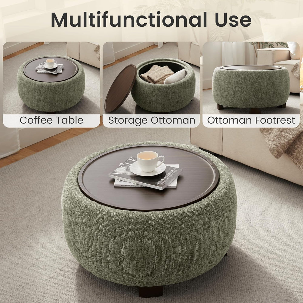 VKNOW 30 Inch Fabric Round Storage Ottoman with Wood Lift-Off Lid, Green | Mo...
