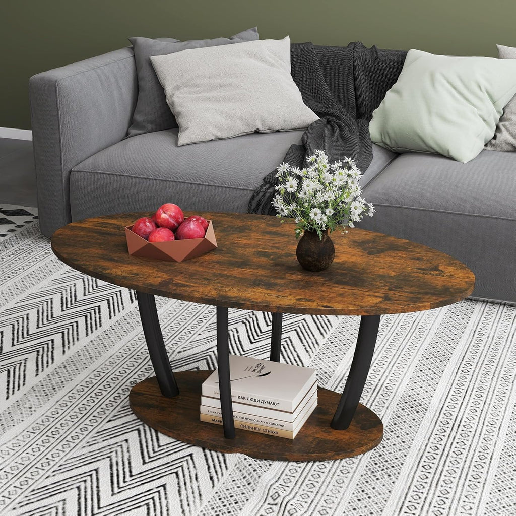 Manora Rustic Small Oval Coffee Table for Living Room, Narrow Wood Center Table with Shelf, Retro Style Coffee Table with Curved Metal Legs, Stable and Easy Assembly, Dark Brown
