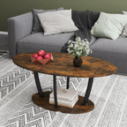 Manora Rustic Small Oval Coffee Table for Living Room, Narrow Wood Center Table with Shelf, Retro Style Coffee Table with Curved Metal Legs, Stable and Easy Assembly, Dark Brown