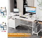 Furologee 55" Computer Desk with File Cabinet and Power Outlets, Home Office Desk with 2 Monitor Stands and Storage Drawer, Writing Gaming Table with Shelves and 2 Hooks for Bedroom, White