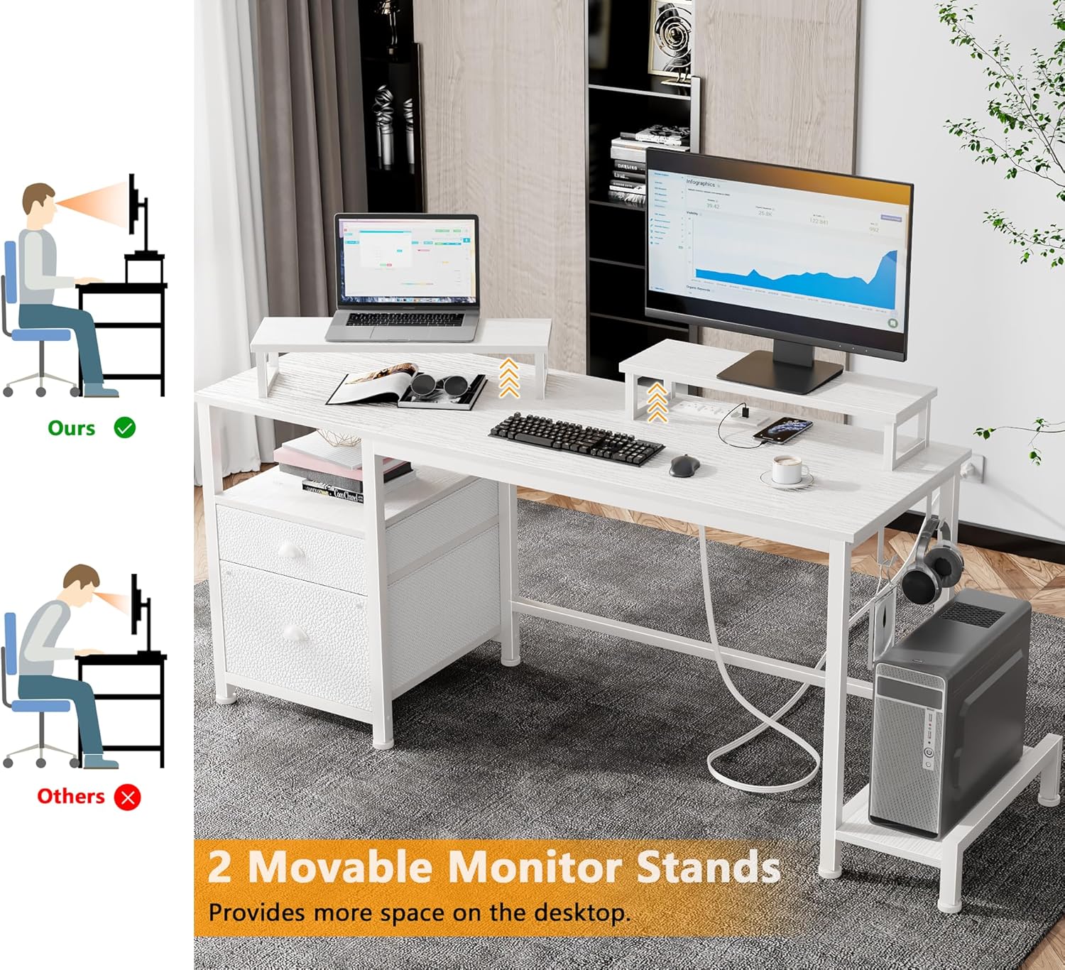 Furologee 47" Computer Desk with File Cabinet and Power Outlets, Home Office Desk with 2 Monitor Stands and Storage Drawer, Writing Gaming Table with Shelves and 2 Hooks for Bedroom, White