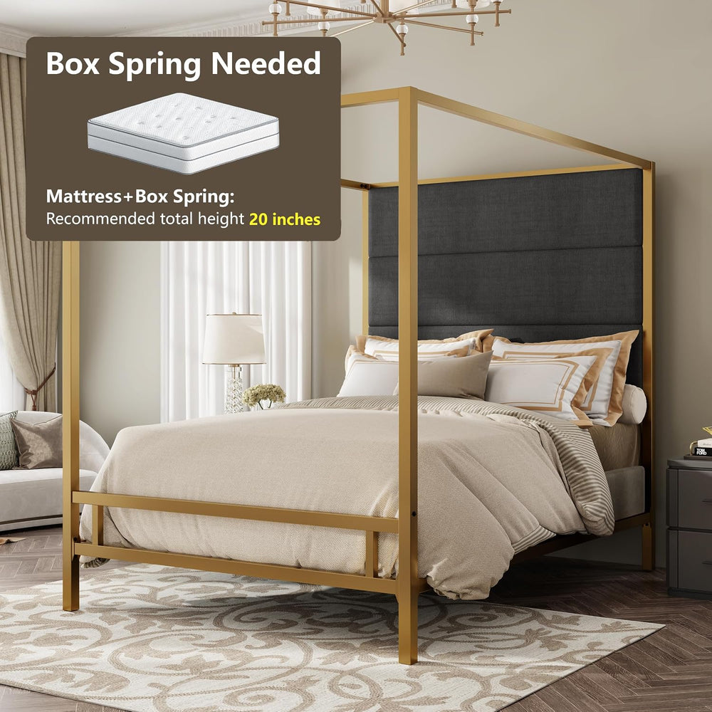 King Size Modern Gold Canopy Bed with Tall Headboard(Dark Gray+Gold, King)