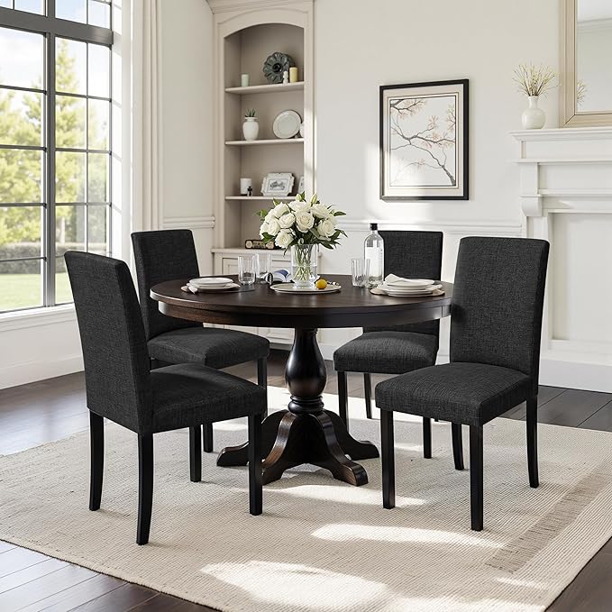 CHUN YI Upholstered Dining Chairs Set of 2, Fabric Dining Room Chairs with Solid Wood Legs, Modern Parson Chairs for Kitchen, Restaurant, Hotel, Dark Gray