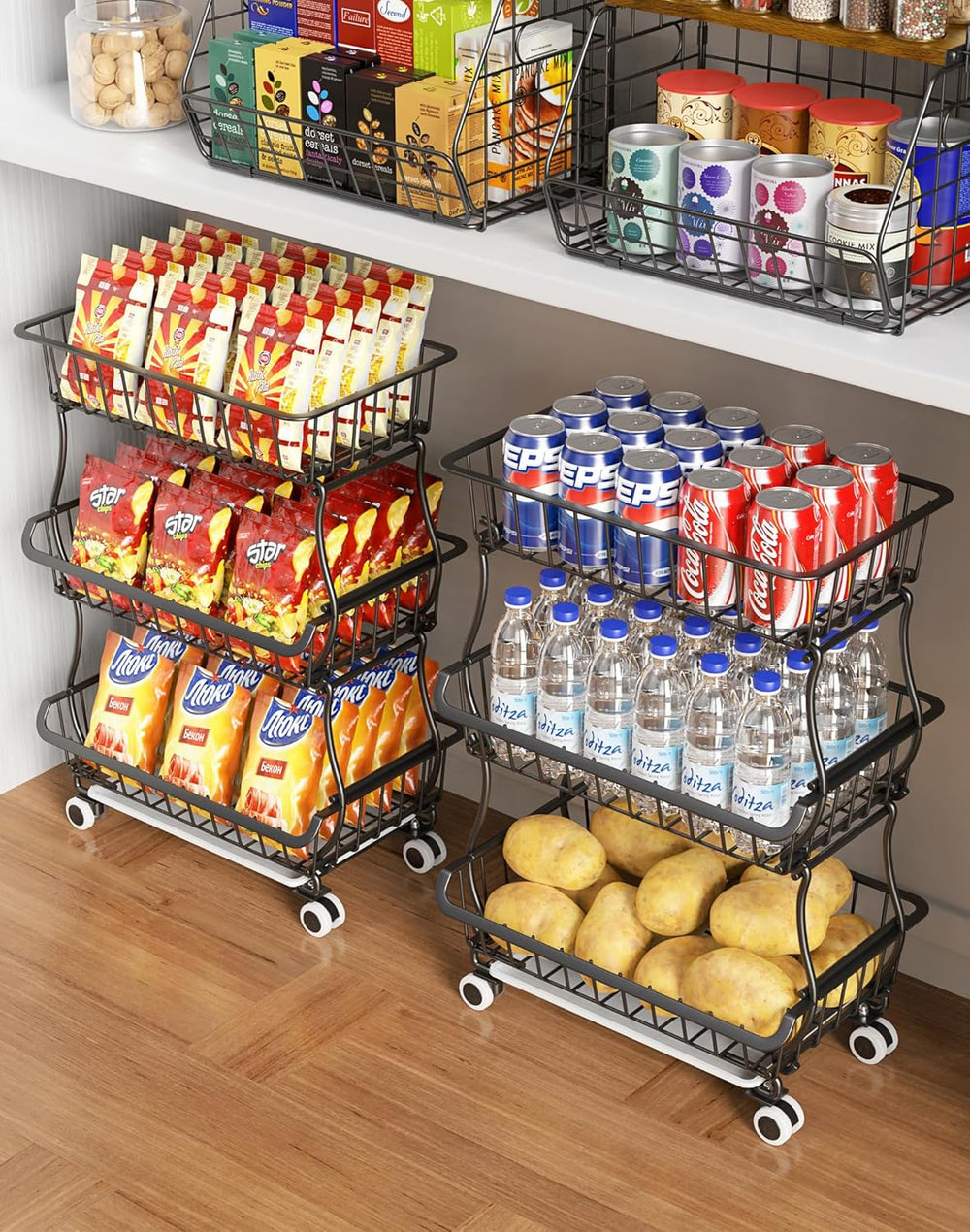 OKZEST 3-Tier Rolling Pantry Floor Organizer and Storage Cart with Wheels, St...