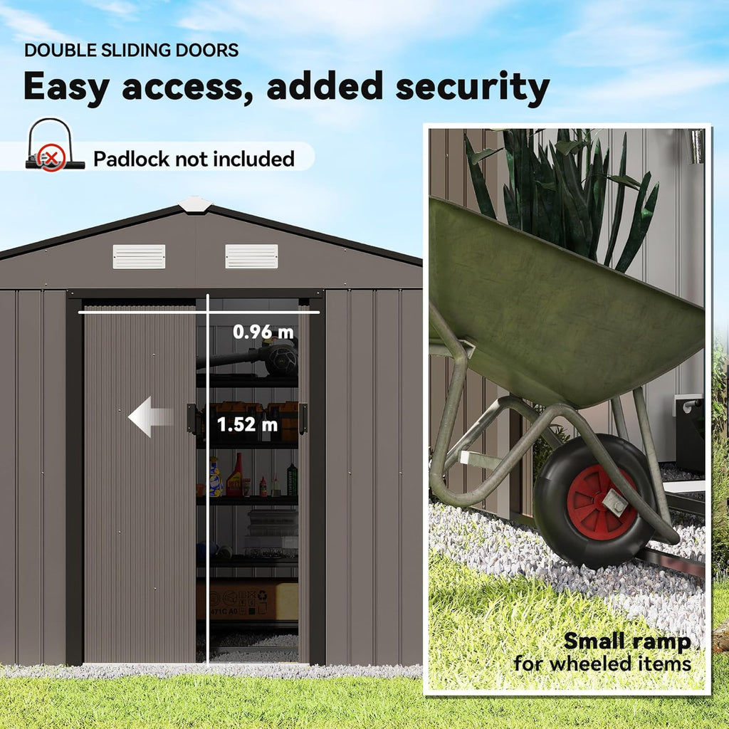 Outsunny 9' x 6' Outdoor Storage Shed, Garden Tool Metal Shed with Foundation Kit, Double Lockable Door, Air Vents and Sloping Roof, for Backyard, Patio, Lawn, Brown
