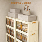 Plastic Stackable Storage Bins with 2 Lids and Wheels, Foldable Closet Organizers and Storage Containers, Collapsible Clear Drawer Storage Cabinet with Doors Ivory White 912 QT