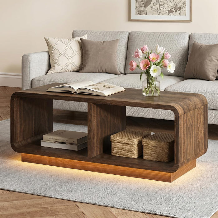 LYNSOM 47" Mid Century Modern Coffee Table,2-Tier Center Table with Curved Profile Design & Independent Compartments,Wooden Rectangular Table with LED Light Strip for Living Room,Office,Dark Brown