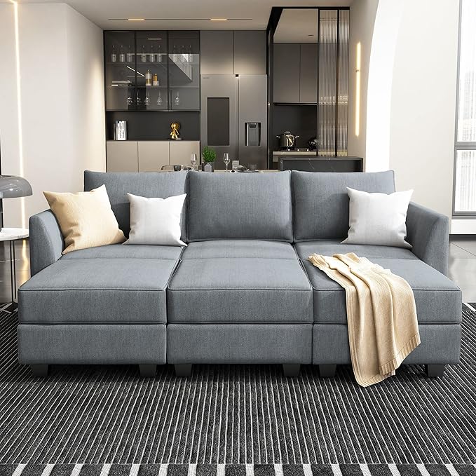 HONBAY Modular Sectional Sleeper Sofa with Storage, Convertible Modular Sectional Sofa with Reversible Chaise Sectional Couch for Living Room, Bluish Grey