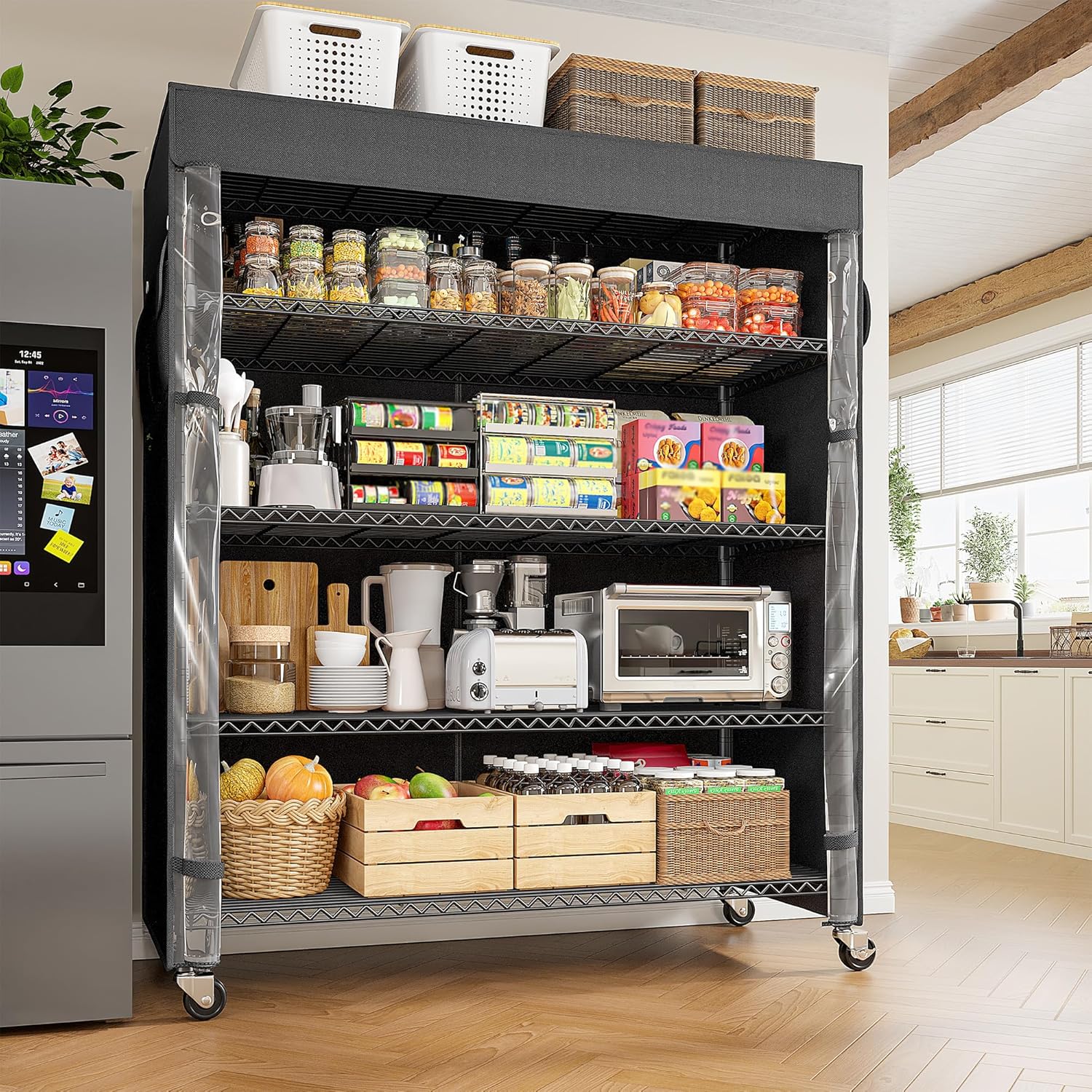 REIBII 45''W Storage Shelves Waterproof Metal Shelving with Cover Dustproof, Wire Shelving Unit Covers & Wheels Garage Storage Rack Wire Shelf for Kitchen Pantry, Storage Room, 45Wx17.72Dx72.83H