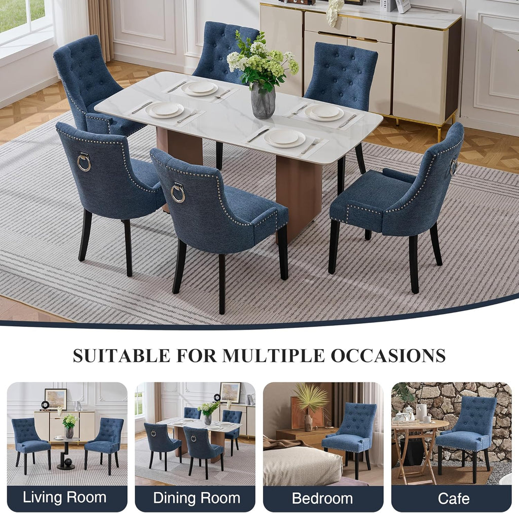 adochr Dining Chairs Set of 4, Upholstered Fabric Dining Room Chairs with Nailhead High Back & Ring Pull & Wooden Legs, Mid-Century Modern Kitchen Chairs for Restaurant, Living Room, Navy Blue
