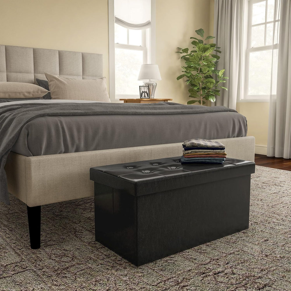 Lavish Home Storage Ottoman - 30-Inch Folding Faux Leather Footrest, Linen Ch...