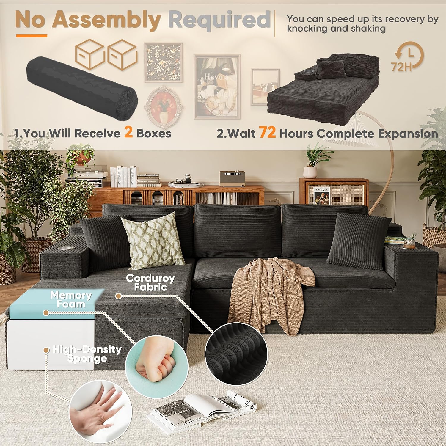 Homall 109" Boneless Couch with Memory Foam, Modular Sectional Sofa with L-Shape Chaise, Cloud Couch with Deep Seat, Dual Cup Holders & Side Pockets, No Assembly Required (Black)
