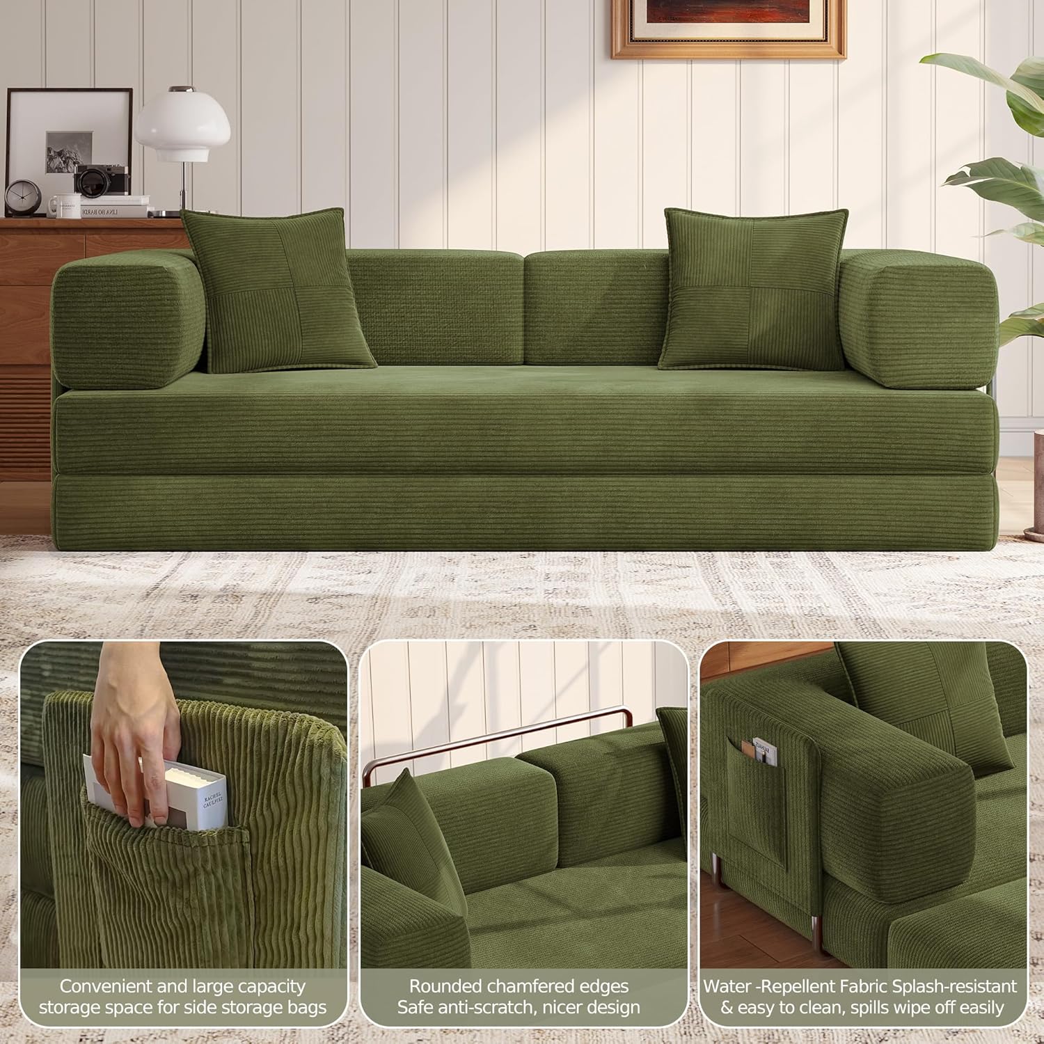 MoonSpeak 78.8''Sleeper Couch Bed for Livingroom,Convertible Modular Sofa with Armrest Pillow,Modular Foldable Corduroy Couches in a Box,No Assembly (Green)
