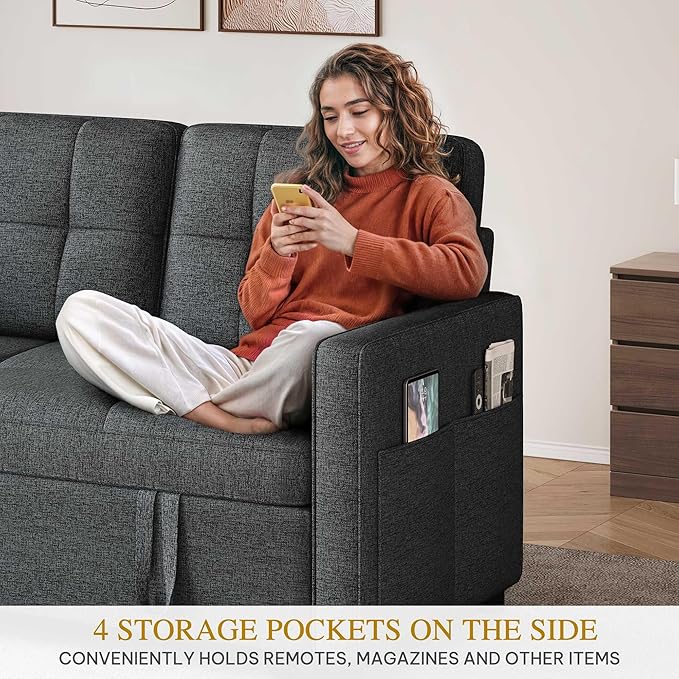 DWVO 55" Convertible Sofa Bed, 3-in-1 Sleeper Sofa with Pull-Out Bed, Linen Futon Couch with Adjustable Backrest and Side Pocket, Modern Loveseat for Living Room Apartment, Grey