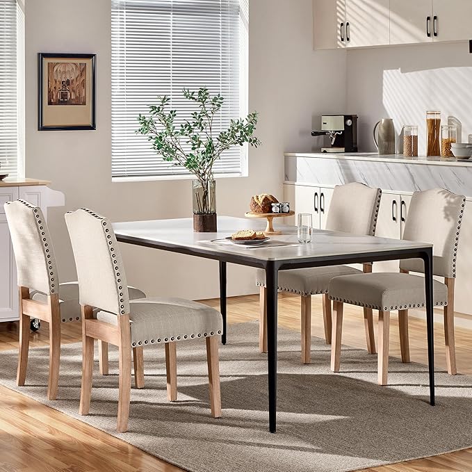 Yaheetech Upholstered Dining Chairs Set of 4 Classic Fabric Kitchen Chairs with Nailhead Trim and Wooden Legs for Dining Room/Living Room/Restaurant/Apartment, Beige