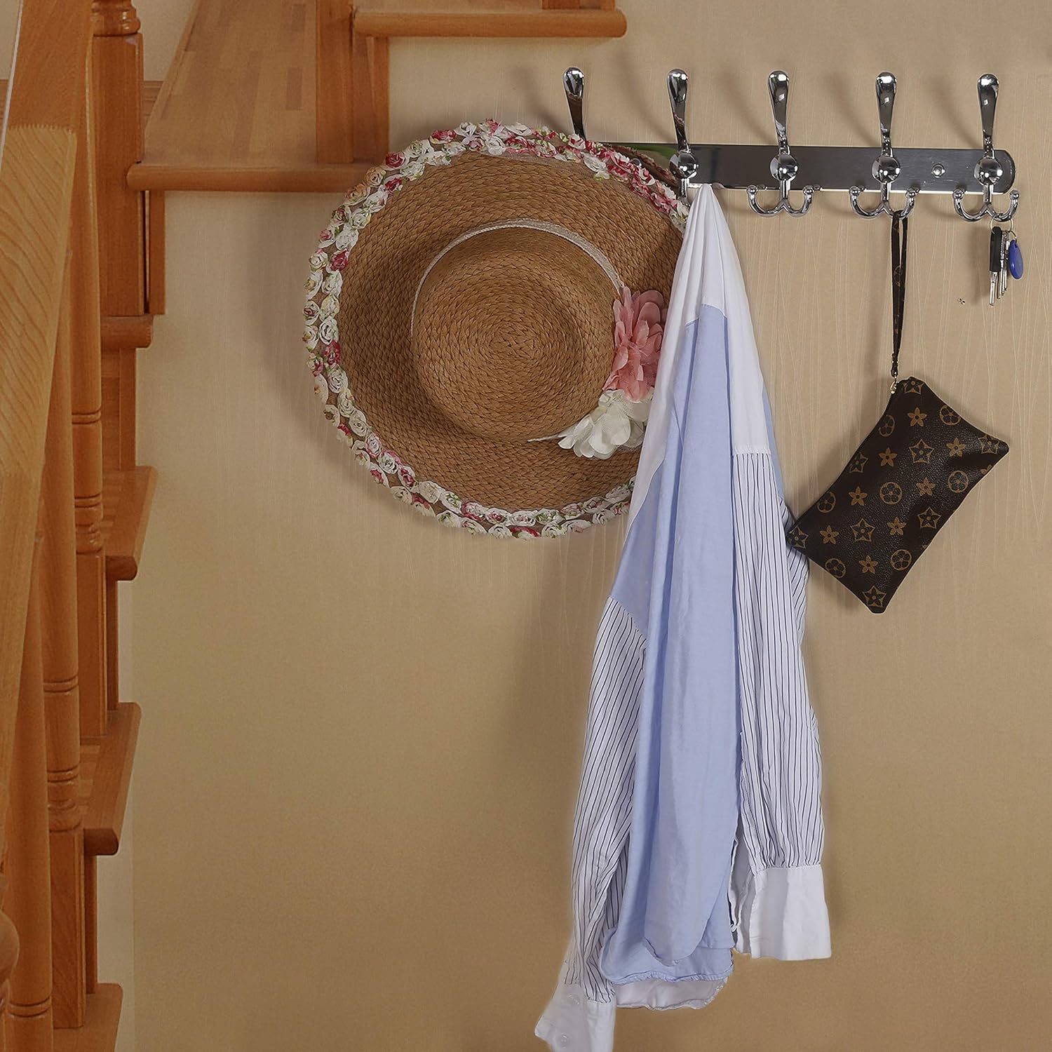 Dseap Coat Rack Wall Mounted - 5 Tri Hooks, Heavy Duty, Stainless Steel, Metal Coat Hook Rail for Coat Hat Towel Purse Robes Mudroom Bathroom Entryway,Chromed