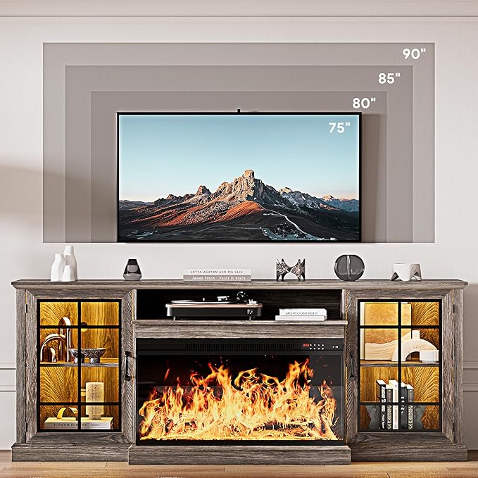 MXV 80'' Fireplace TV Stand, Farmhouse Entertainment Center with 3 Sided Glass TV Stand, Modern Media Console Table with Storage Drawers & Cabinets with LED Flame and Lights for Living Room, Gray