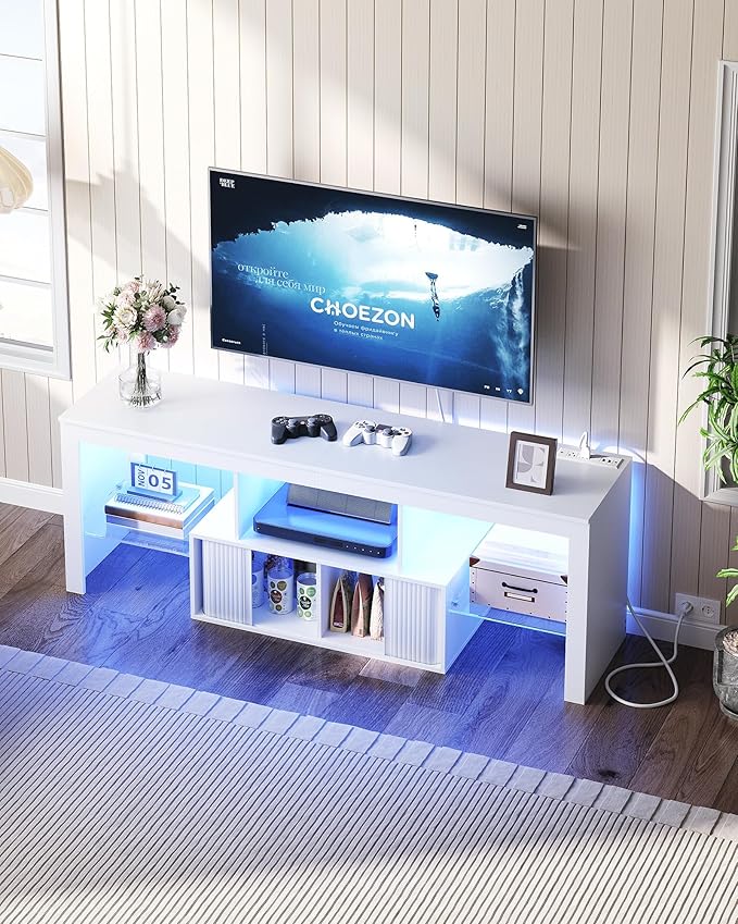 TV Stand with Power Outlet, Modern TV Cabinet for 55 60 inch TVs, Media TV Console with LED Light Strip, Media Entertainment Center with Storage, for Living Room, Bedroom, White MDS02UDWB
