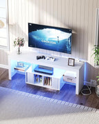 TV Stand with Power Outlet, Modern TV Cabinet for 55 60 inch TVs, Media TV Console with LED Light Strip, Media Entertainment Center with Storage, for Living Room, Bedroom, White MDS02UDWB