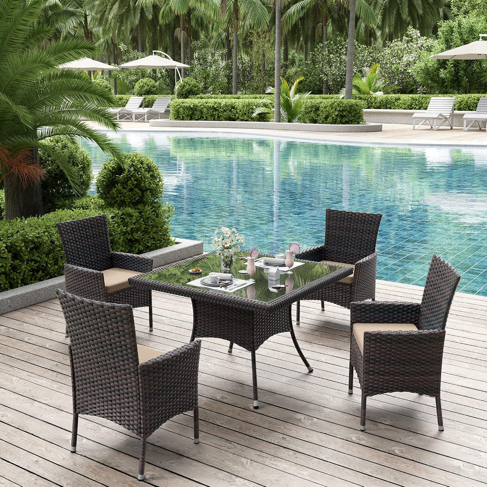 ALAULM 5 Piece Patio Dining Set All-Weather Wicker Outdoor Furniture Set w/Te...
