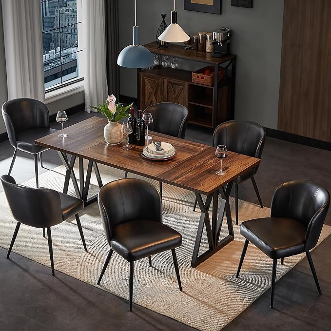 Dining Chairs Set of 6, Upholstered Kitchen Chairs with Faux Leather Cushion Seat and Metal Legs, Mid Century Modern Dining Room Chair for Kitchen, Living Room, Easy Assembly, Black