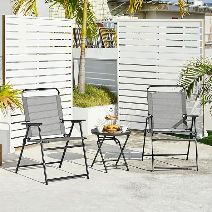 Yaheetech Outdoor Patio Chairs Set of 4, Folding Patio Chairs with Metal Frame, Armrests, Portable Dining Chairs for Camping, Lawn, Garden and Porch, Gray