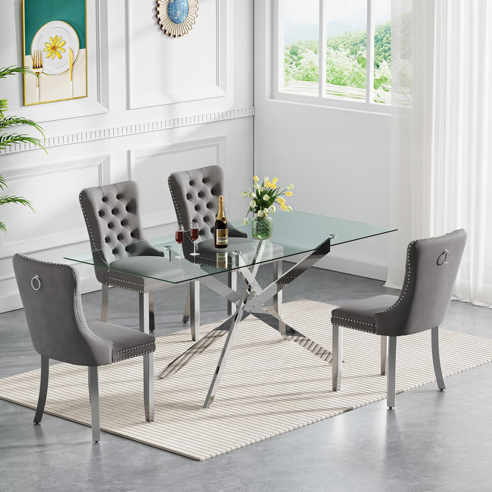 SSLine Modern 5-Piece Glass Dining Table Set for 4 Luxury Rectangle Glass Kit...