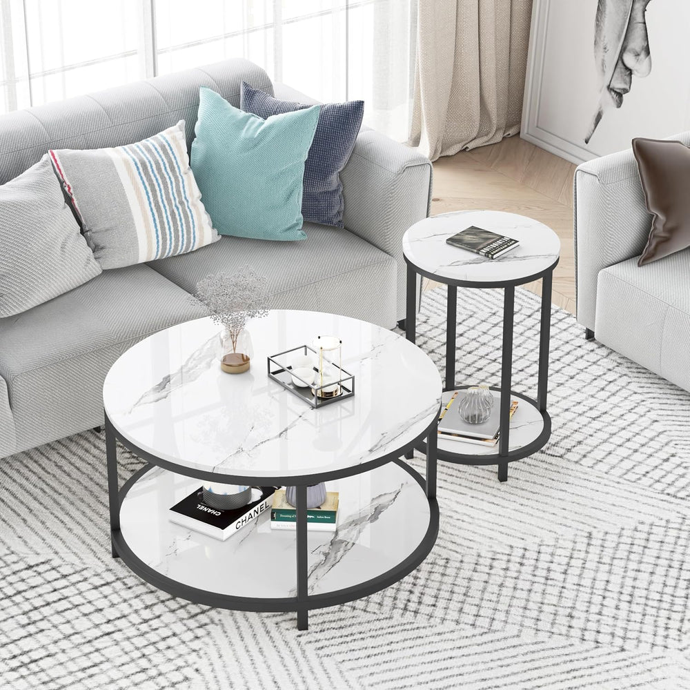 WiberWi Round Side Table Set of 2, Modern Nightstand End Table with Metal Fra...