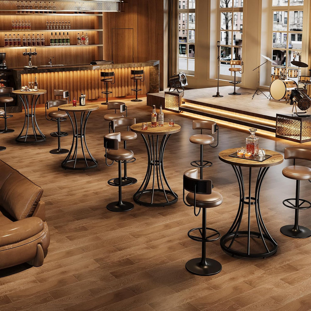 Tribesigns Round Bar Table for 2, 37.4" H Cocktail Table with Curved Metal Base, Coffee Pub Table for Spaces, Living Room, Kitchen, or Party (Brown & Black) (4)
