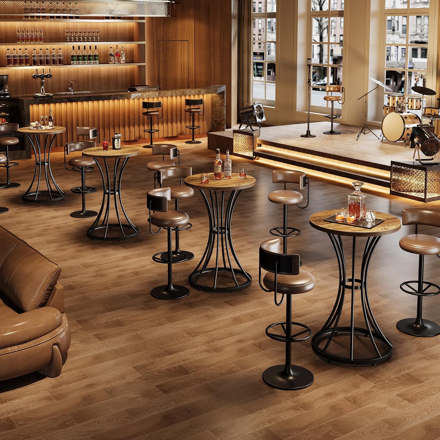 Tribesigns Round Bar Table for 2, 37.4" H Cocktail Table with Curved Metal Base, Coffee Pub Table for Spaces, Living Room, Kitchen, or Party (Brown & Black) (4)