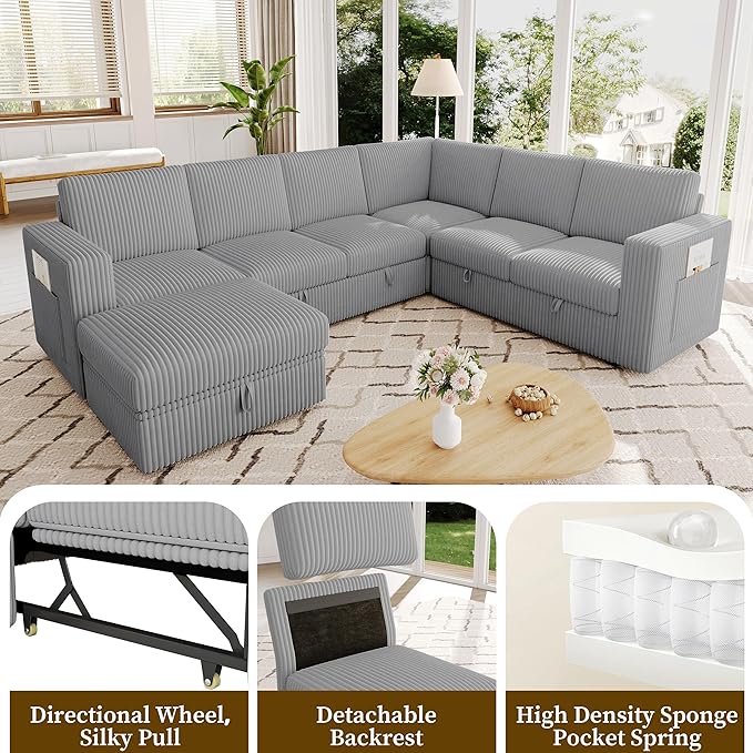 106.7" Sectional Sleeper Sofa with Pull Out Couch, Modern 7 Seat U Shaped Modular Couch, Sectionals Modular Sofa with Storage, Comfy Corduroy Couches Sectional for Living Room & Apartment, Gray