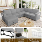 106.7" Sectional Sleeper Sofa with Pull Out Couch, Modern 7 Seat U Shaped Modular Couch, Sectionals Modular Sofa with Storage, Comfy Corduroy Couches Sectional for Living Room & Apartment, Gray