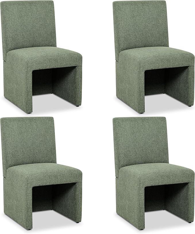 Green Upholstered Dining Chairs Set of 4, Kitchen & Dining Room Chairs, Mid Century Modern Chairs, Linen Dining Chairs with Wooden Frame, Fabric