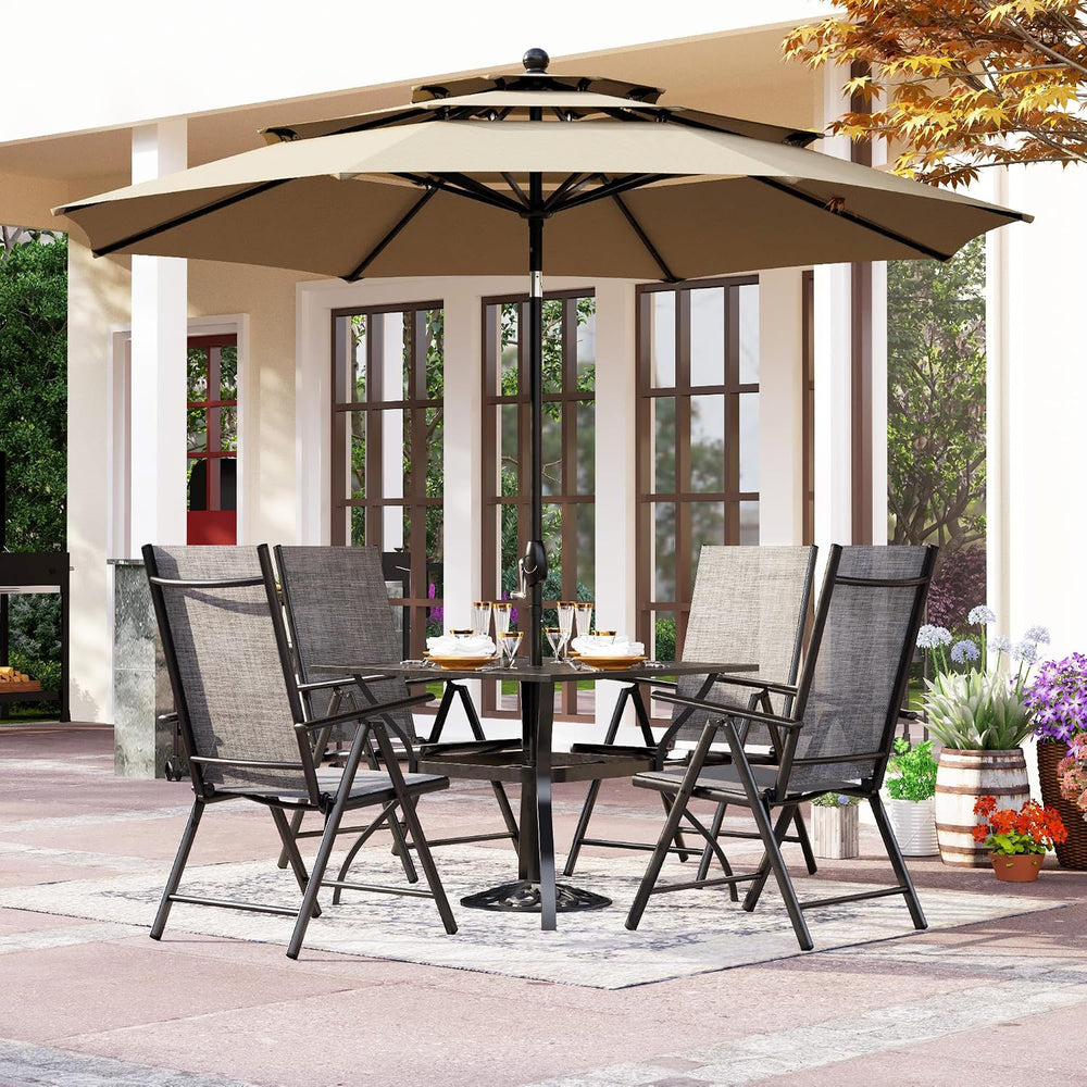 PHI VILLA Outdoor Dining Set for 4 w/Beige Umbrella & Folding Chairs