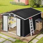 Aoxun 10 x 12FT Outdoor Storage Shed with Double Hinged Large Door Utility Garden Shed with Lockable Door & Sloped Roof Metal Sheds Outdoor Storage for Garden, Backyard, Patio and Backyard, Black