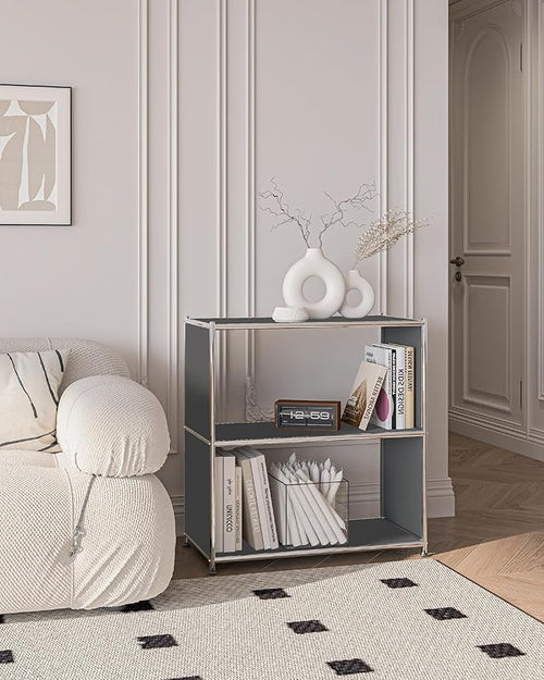 32-Inch 2-Tier Metal Bookcase, Open Shelf Storage Organizer for Living Room, Bedroom, Side Table or Nightstand Use, Modern DIY Assembly, Grey