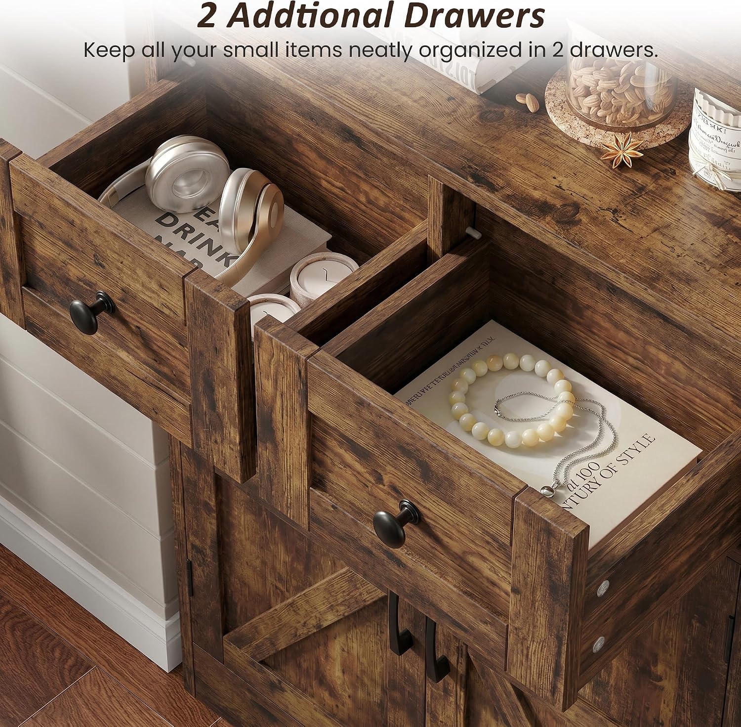 Farmhouse Storage Cabinet Set of 2, Small Kitchen Pantry Coffee Bar Cabinet | Accent Buffet Cabinet Cupboard, 2 Drawers, Barn Doors & Adjustable Shelves, for Kitchen/Entryway/Bathroom, Rustic Brown