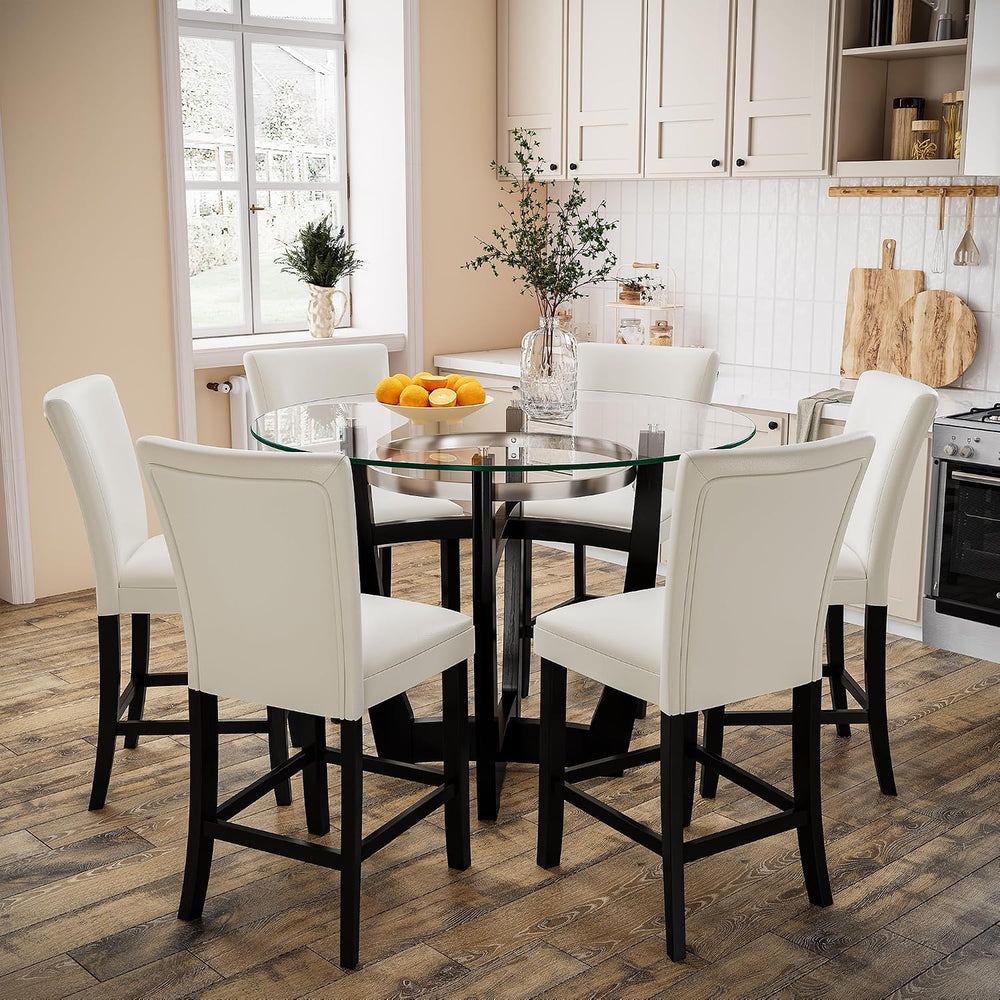 PADMA HOUSE Glass Pub Dining Set for 4, 45in Modern Round Wood Glass Counter ...