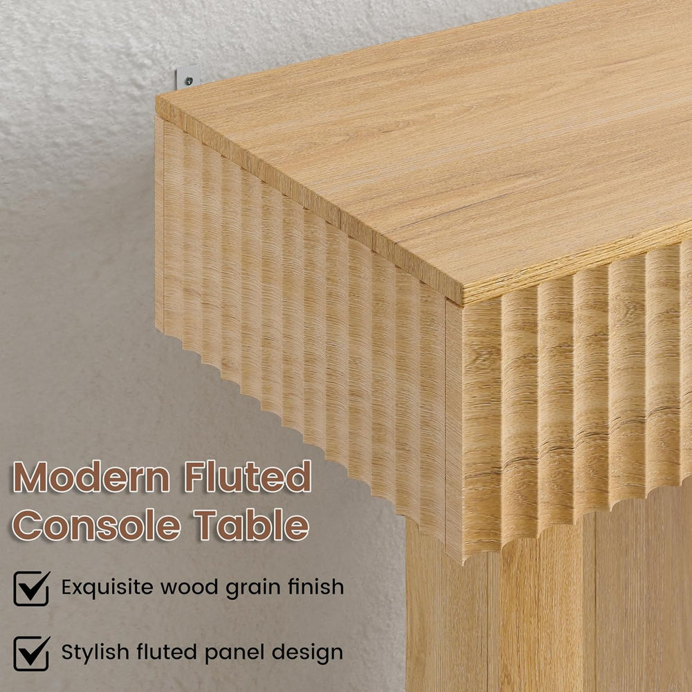 63" Long Console Table, Fluted Sofa Table Behind Couch, Natural Oak | Na...