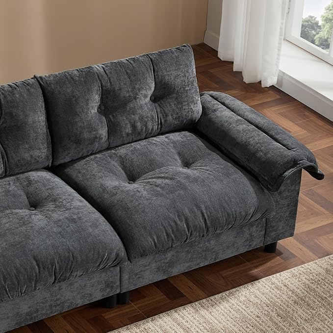 Ball & Cast Modular L Shaped Sectional Sofa W/Movable Storage Ottoman&Dual-Port Charging,4 Seater Chenille Upholstered Couch W/Side Storage Pockets&Cup Holder,for Living Room,Apartment,Dark Gray,104"