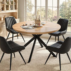 47.2" 5-Piece Round Dining Table Set for 4, Modern Wood Dining Table with 4 Upholstered Chairs, Kitchen & Dining Room Table Set with Metal Base for Apartment, Small Space, Natural Table+4 Balck Chairs