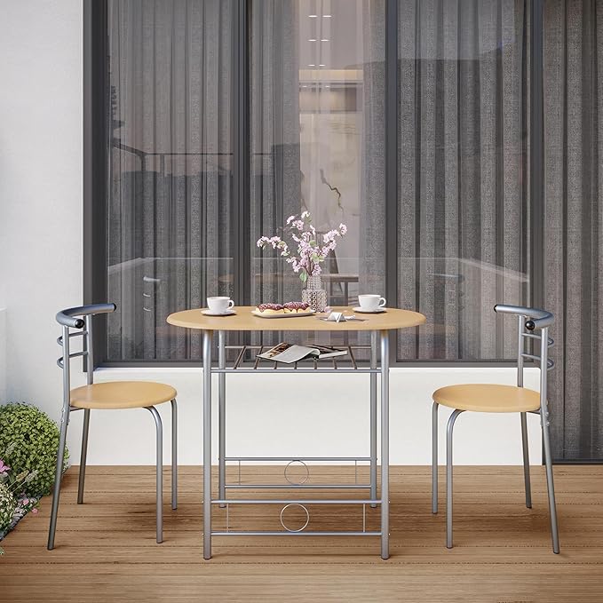 Yaheetech 3 Piece Dining Table Set, Kitchen Table & Chair Sets for 2, Compact Bistro Table Set with Steel Legs, Built-in Wine Rack for Small Space, Apartment, Breakfast Nook, Natural