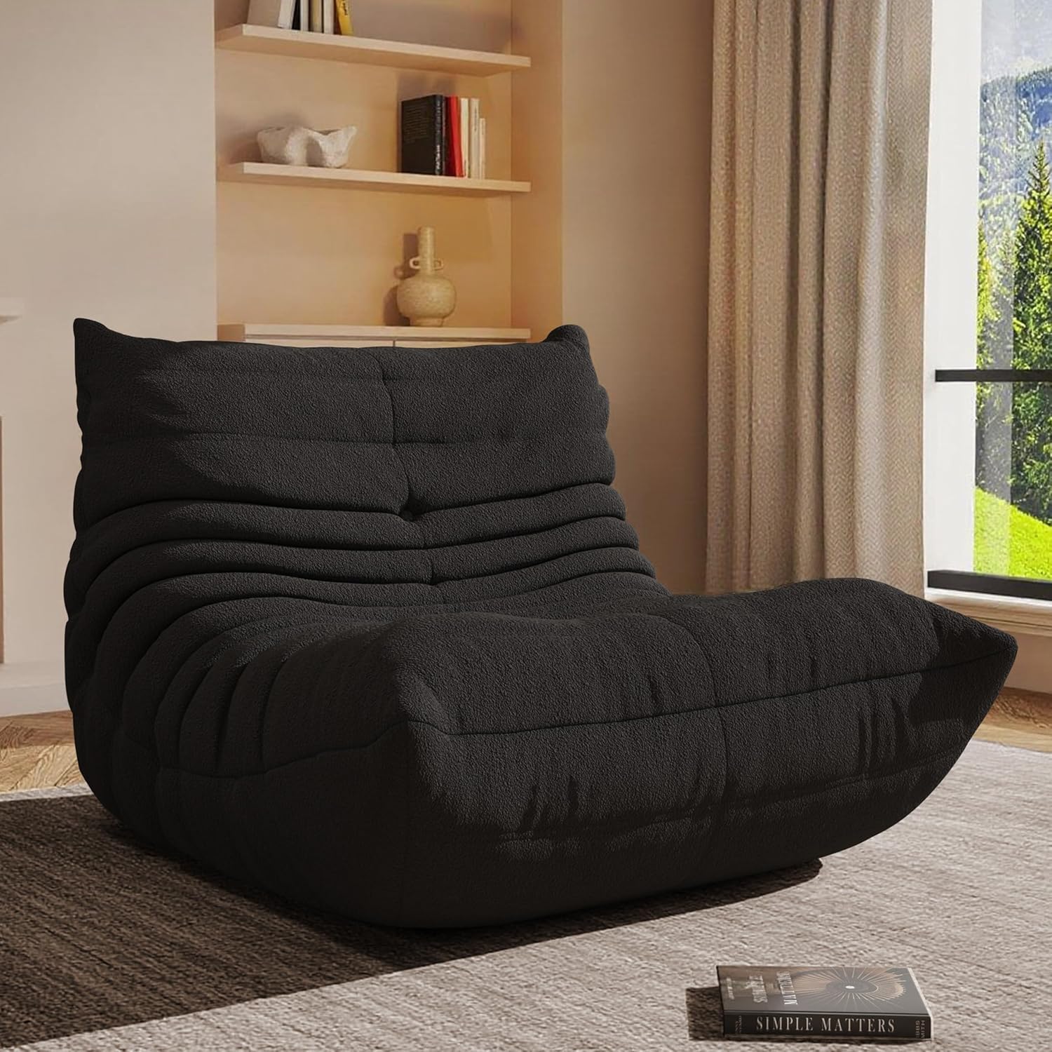 Giant Bean Bag Chair for Adults,Comfy Lazy Fireside Accent Chair with Memory Foam,Cozy Single Floor Sofa Couch Boneless Chaise Lounge for Living Room Bedroom Gaming Room(Black,1Seater)
