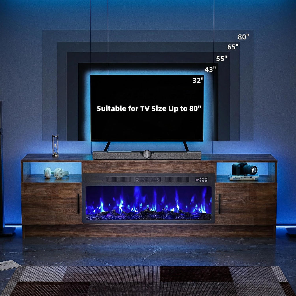 EAG 70" Electric Fireplace TV Stand with 36 inch Fireplace Up to 80" TVs, Entertainment Center with with Storage Cabinet & LED Lights, Modern Media Console for Living Room, Walnut
