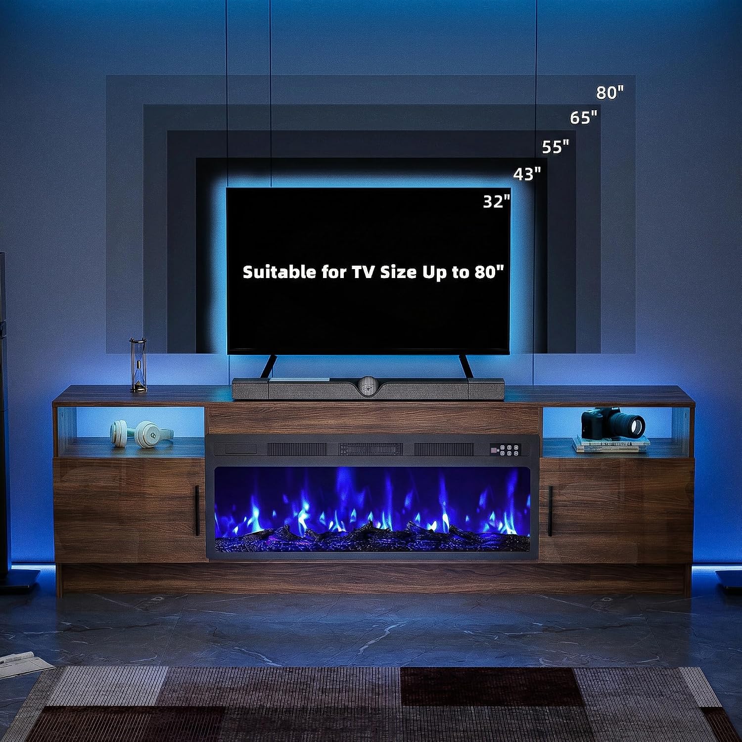 EAG 70" Electric Fireplace TV Stand with 36 inch Fireplace Up to 80" TVs, Entertainment Center with with Storage Cabinet & LED Lights, Modern Media Console for Living Room, Walnut